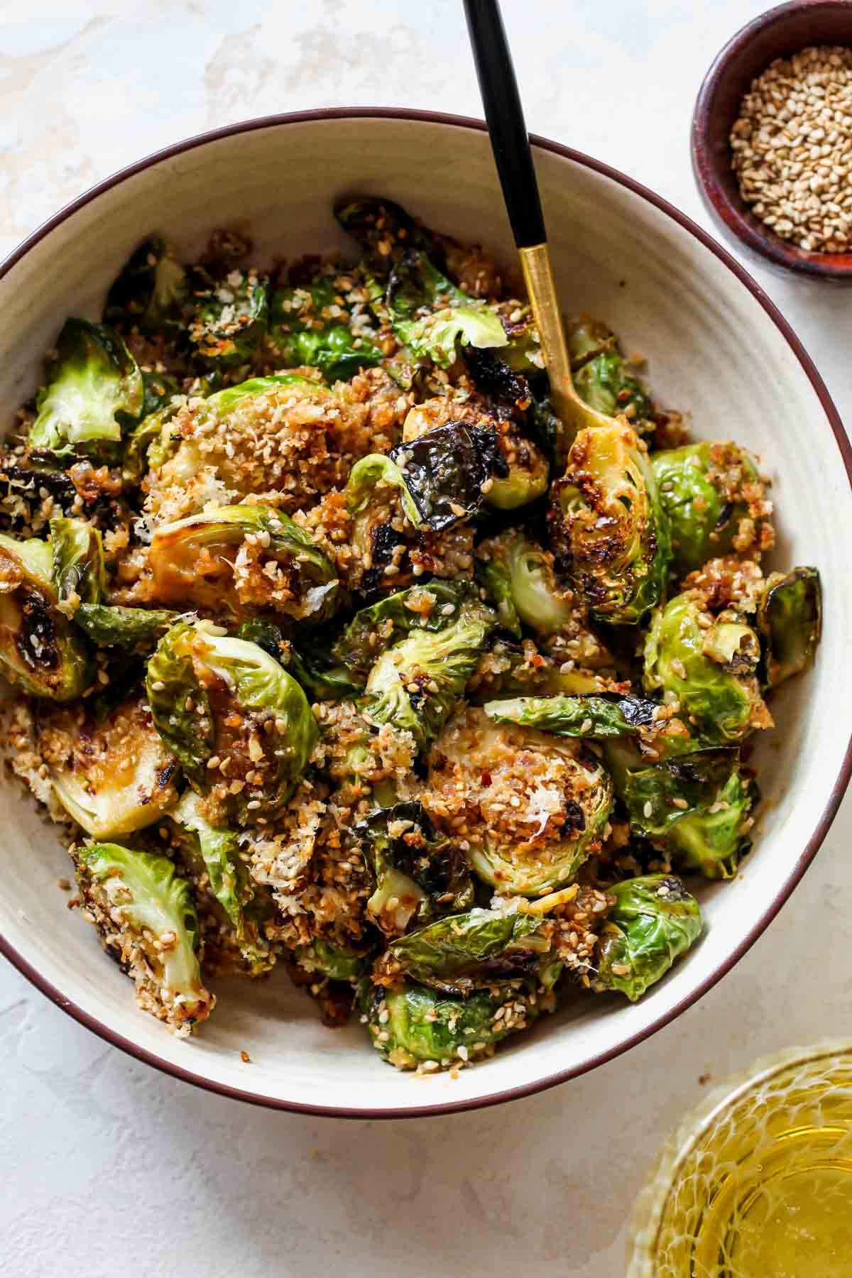 Sautéed Brussels Sprouts with panko topping in a bowl