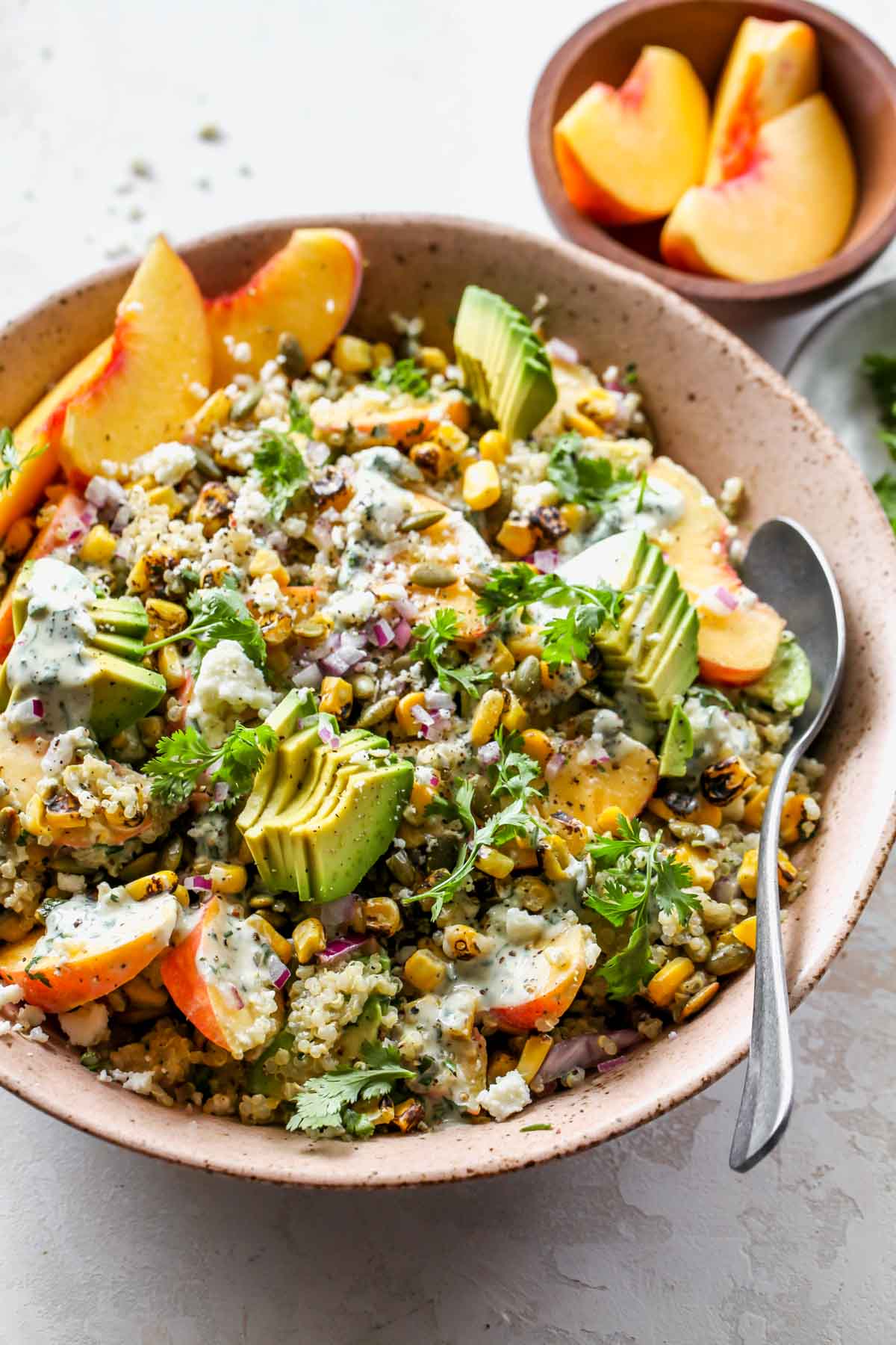 A serving spoon resting in a bowl of quinoa salad