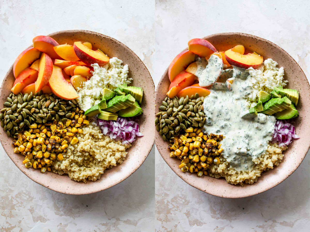 Dressing being poured over bowl of quinoa and veggies