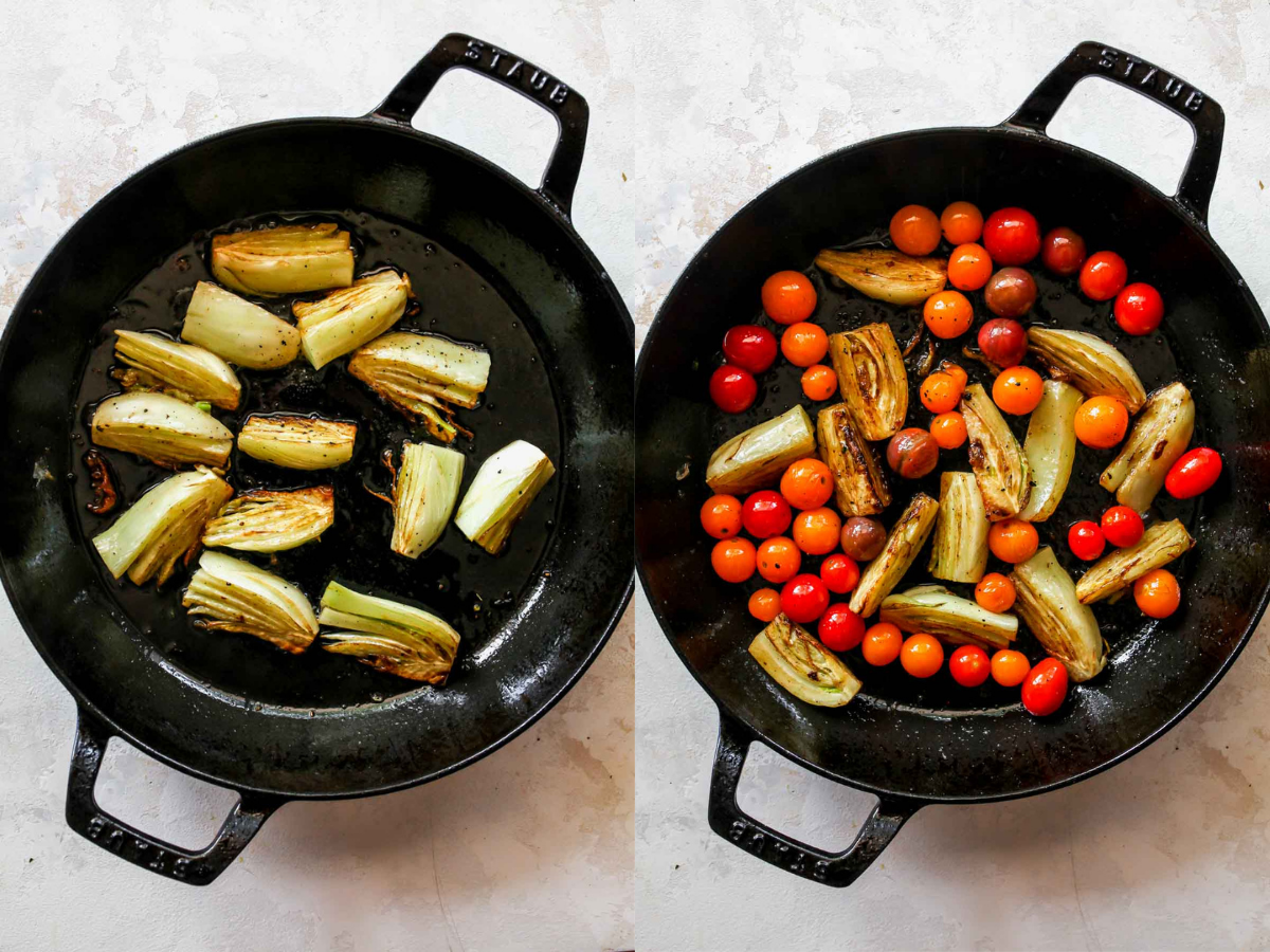 Fennel and cherry tomatoes being sautéed in a black skillet
