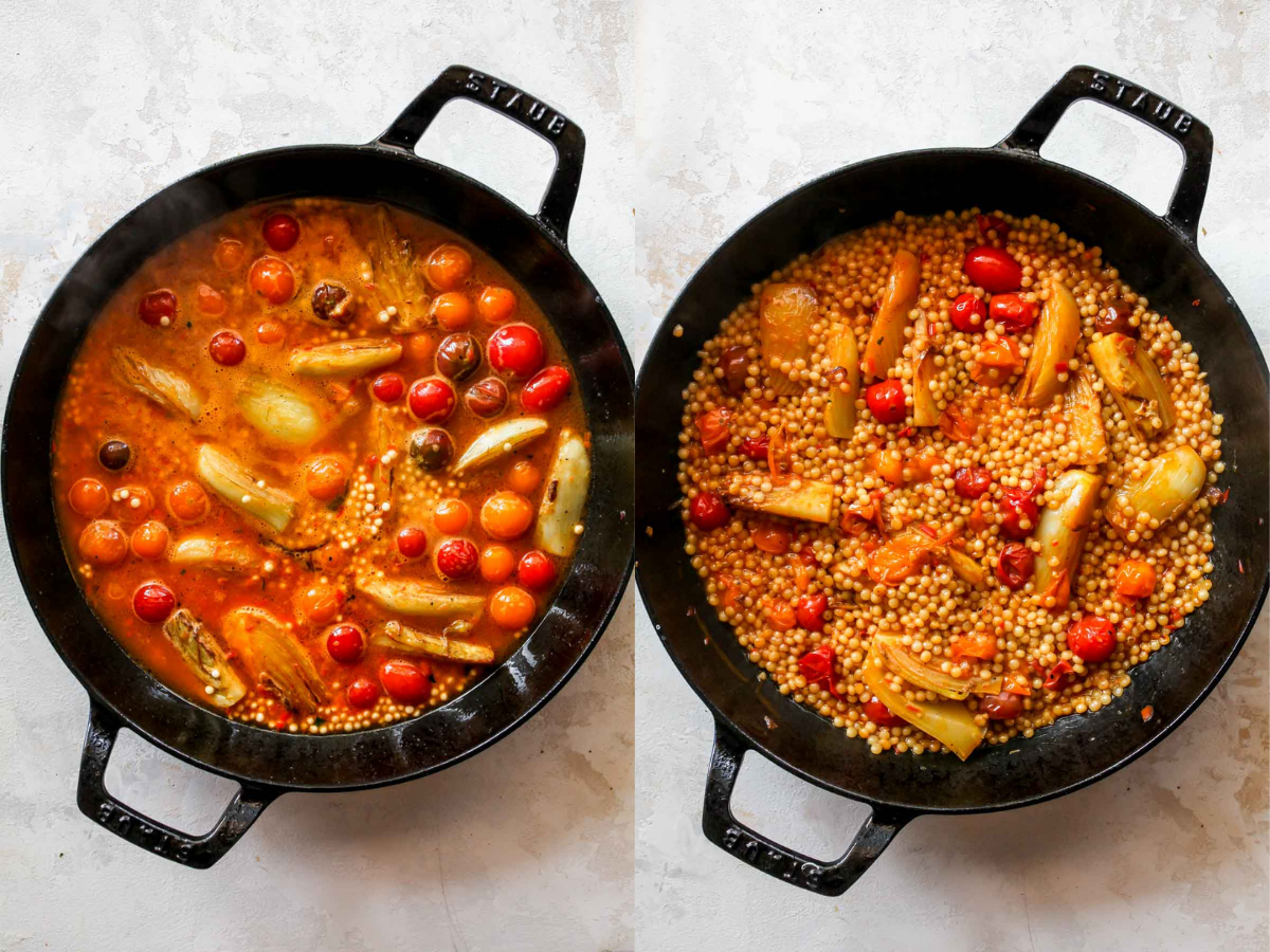 Couscous being cooked until al dente in a skillet