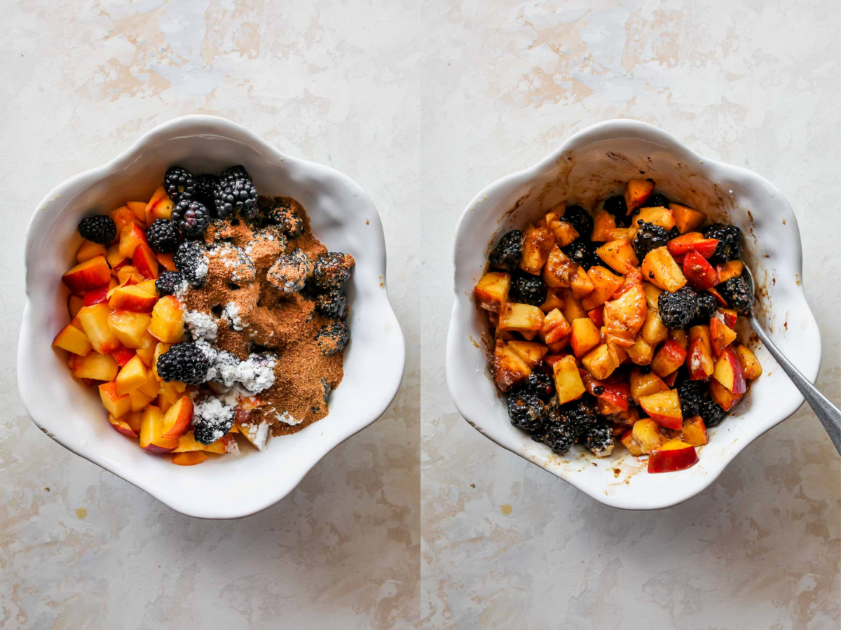 Blackberries, peaches, coconut sugar, and corn starch being mixed in a bowl