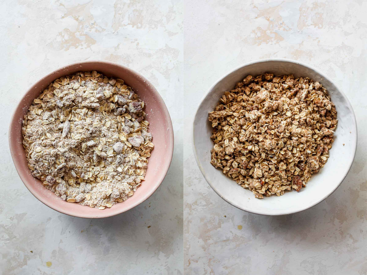 Oats, oat flour, pecans, sugar, and butter being mixed in a bowl