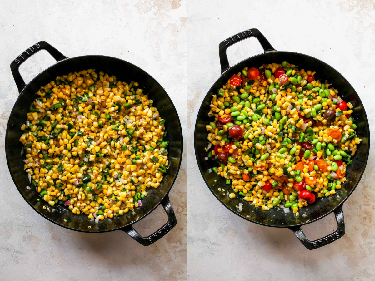 Corn, edamame, peppers, and tomatoes in a cast iron skillet