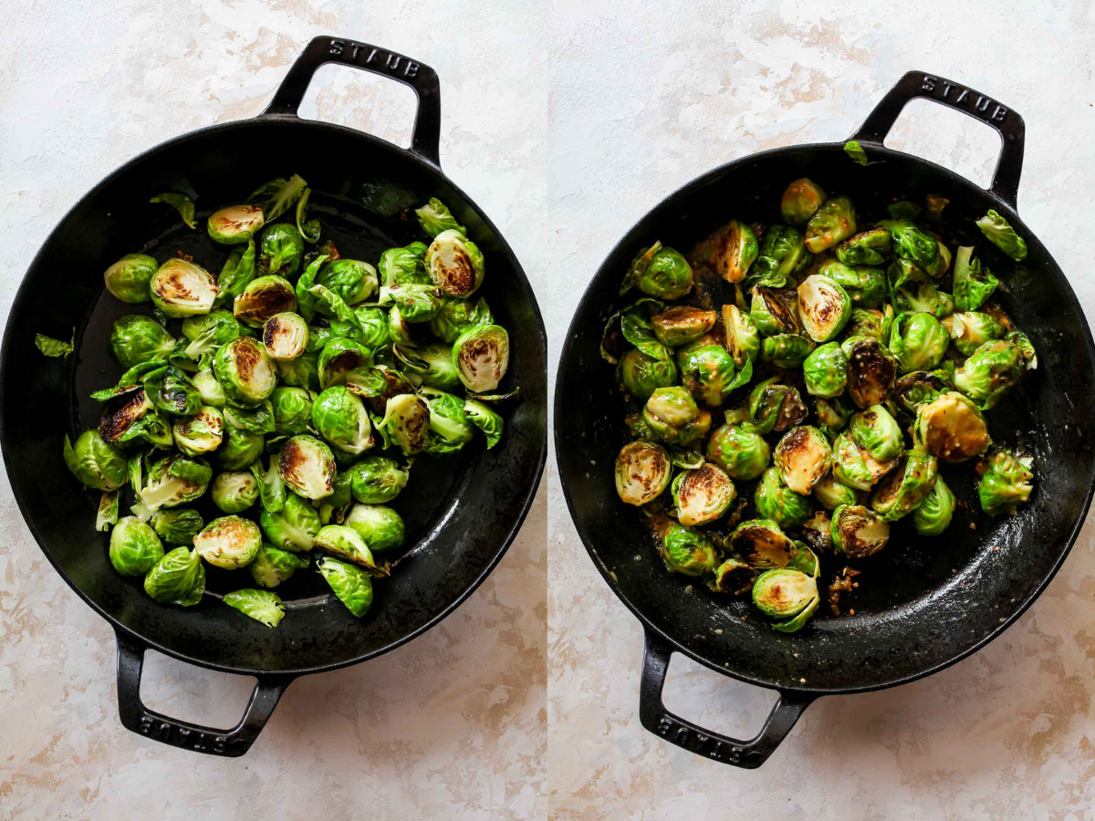 Brussels sprouts being sauteed in a cast iron skillet