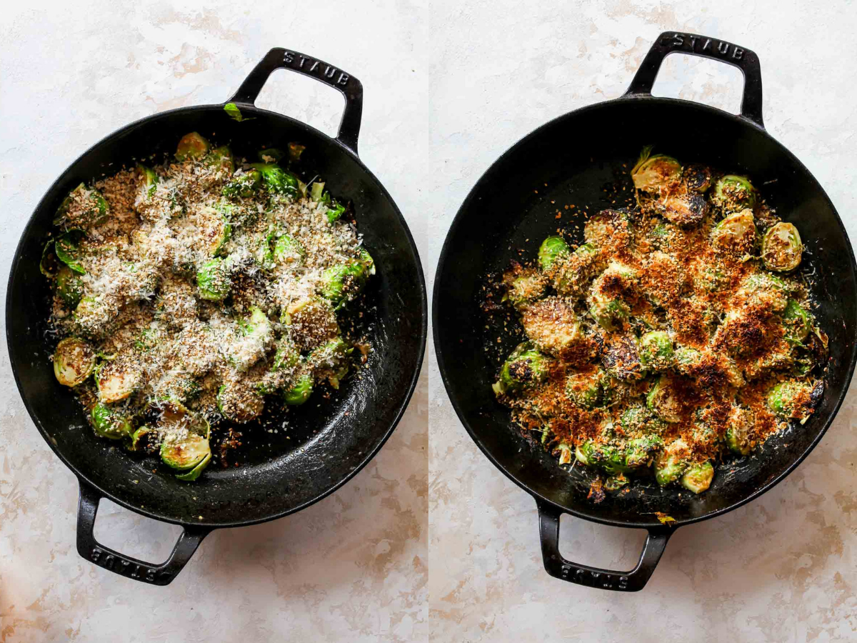 Panko-parmesan topping being added to sprouts and broiled