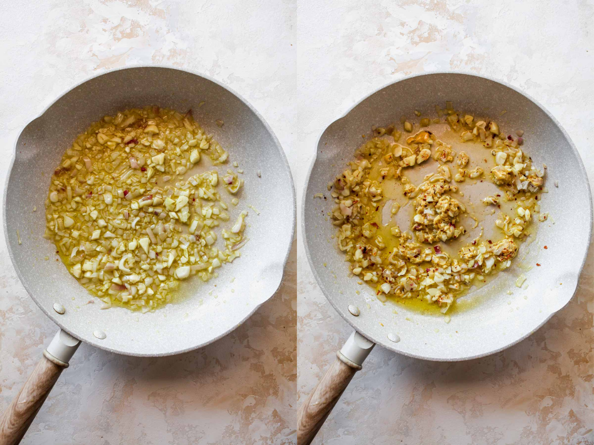 Shallots, garlic, and red pepper flakes simmering in olive oil.