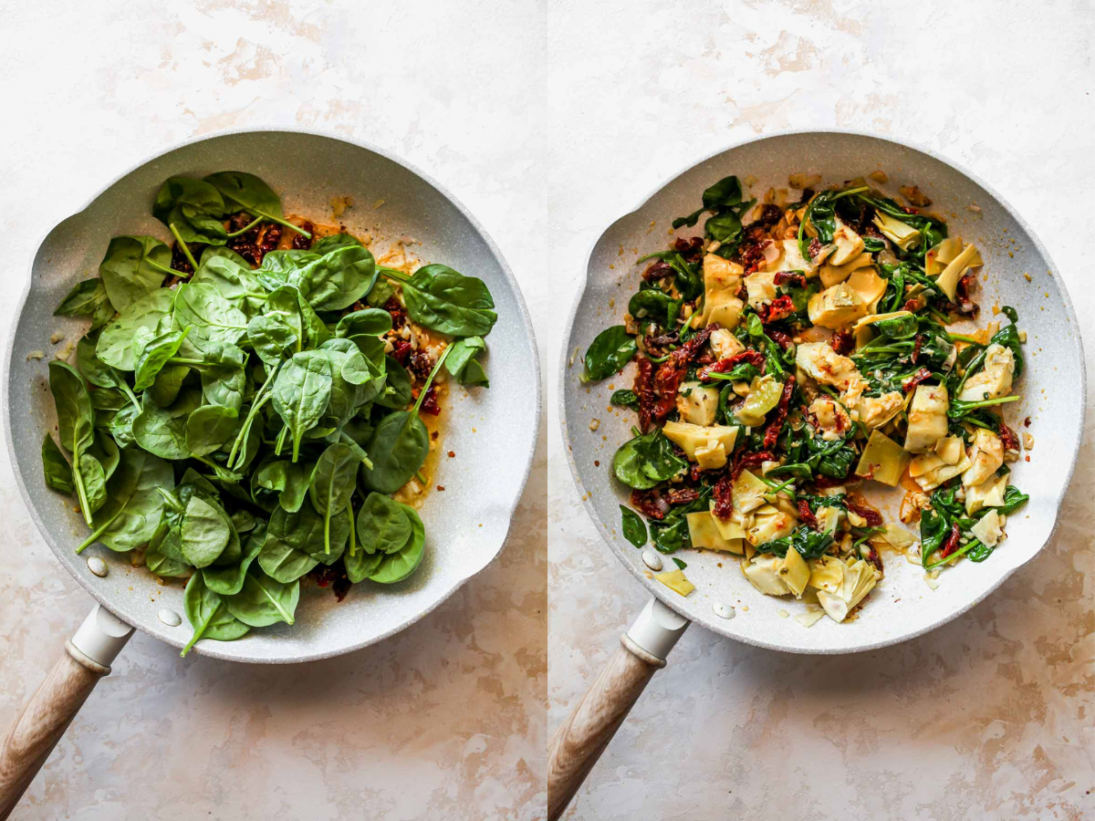 Spinach, sun-dried tomatoes, and artichokes being added to a skillet.