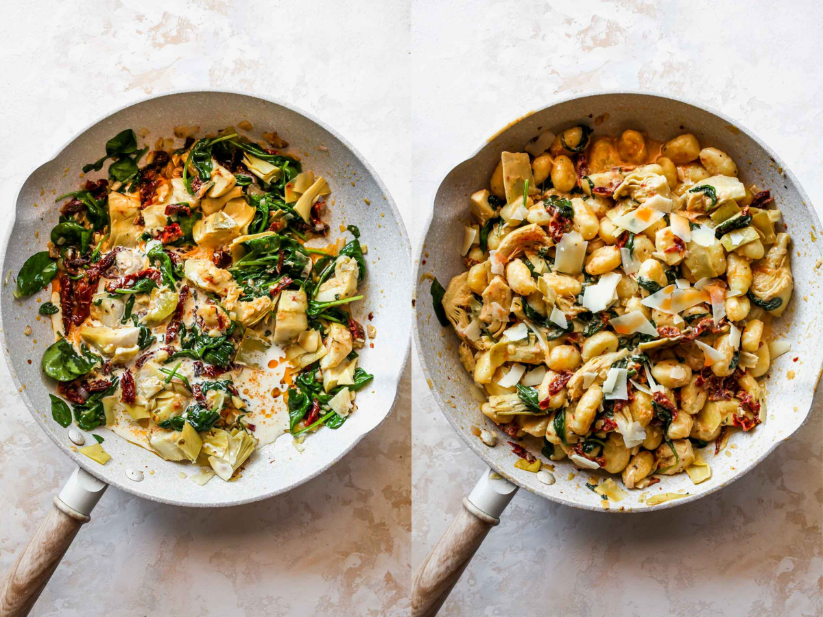 Cooked gnocchi in a skillet of sun-dried tomato cream sauce.