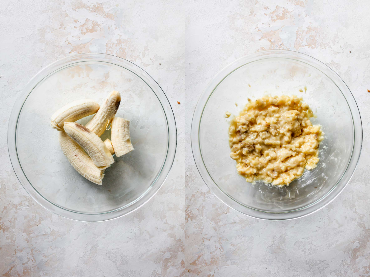 Bananas being mashed in a clear bowl