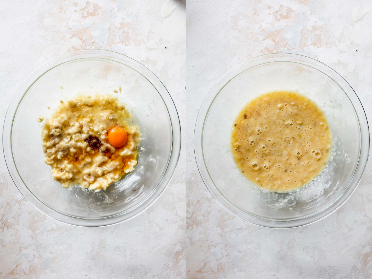 Egg, maple syrup, and vanilla being mixed with mashed bananas