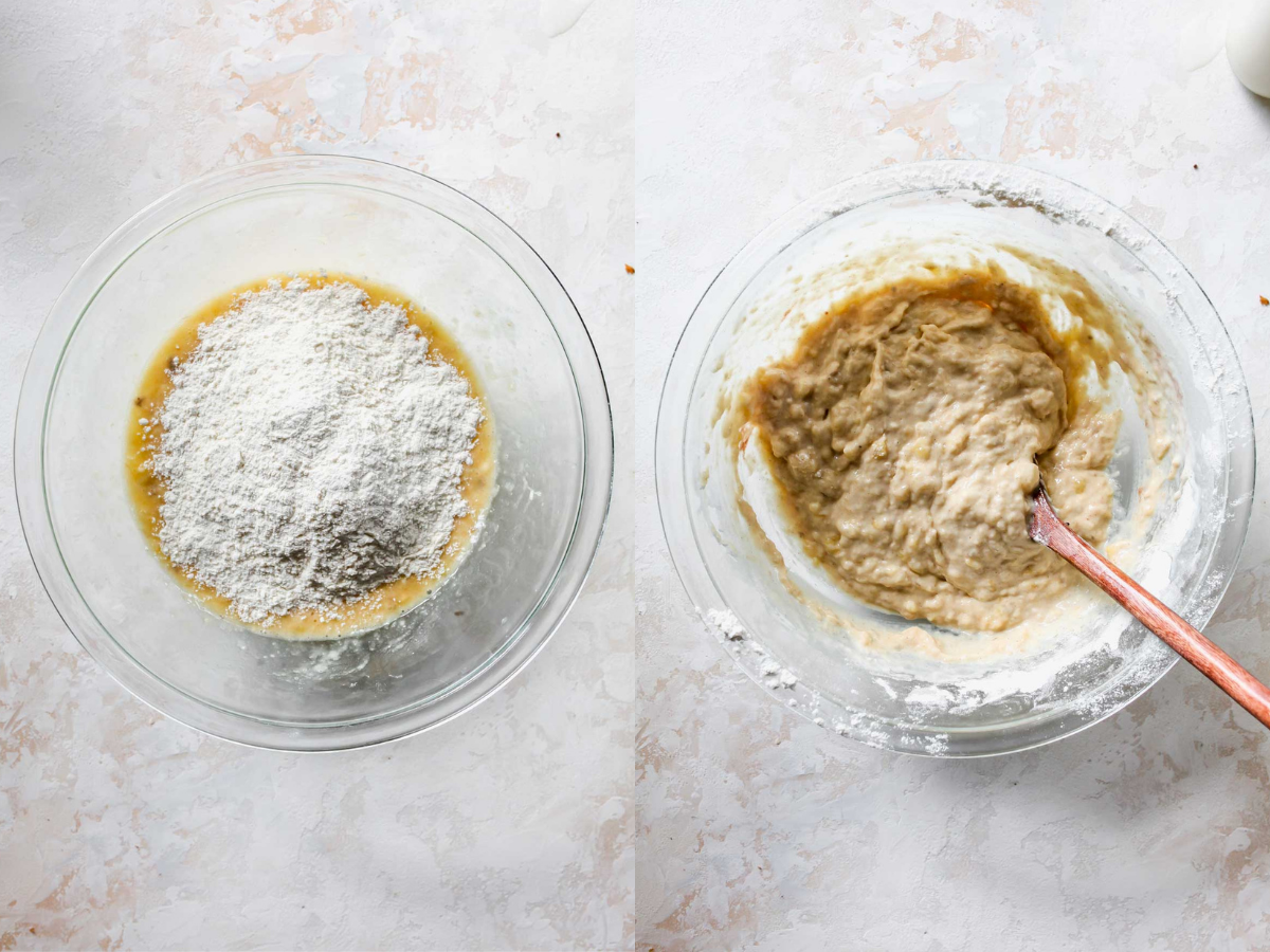 Flour being added to a bowl of wet ingredients