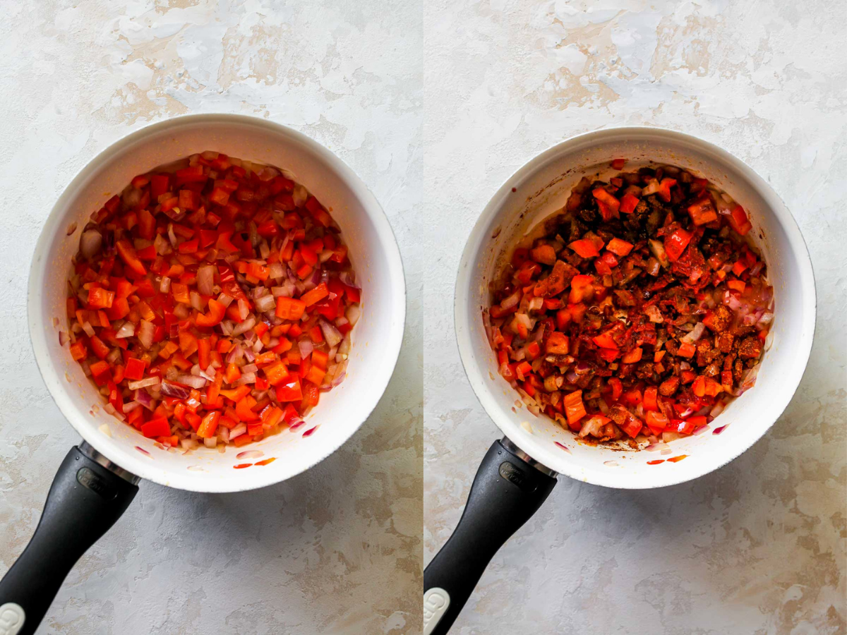 Red bell pepper, red onion, and taco seasoning cooking in a saucepan