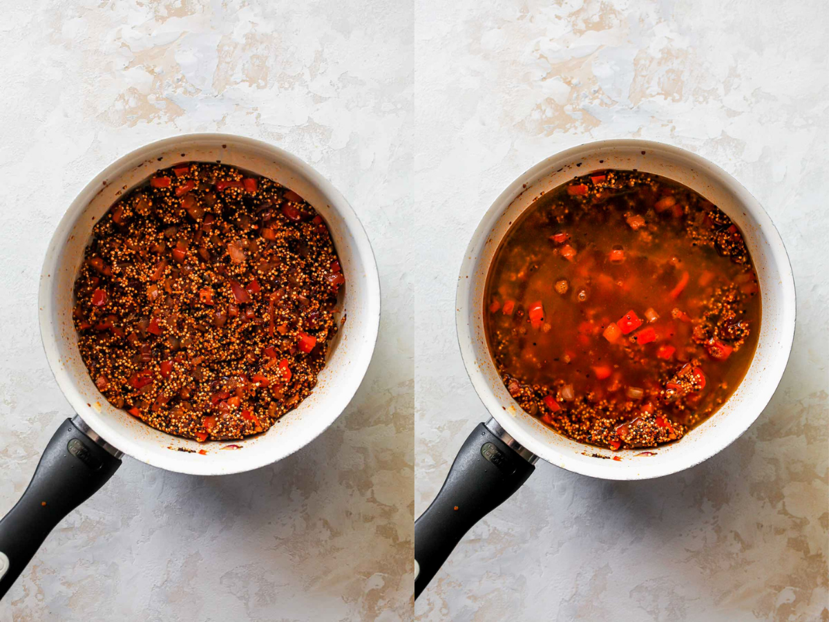 Quinoa and broth being added to a saucepan