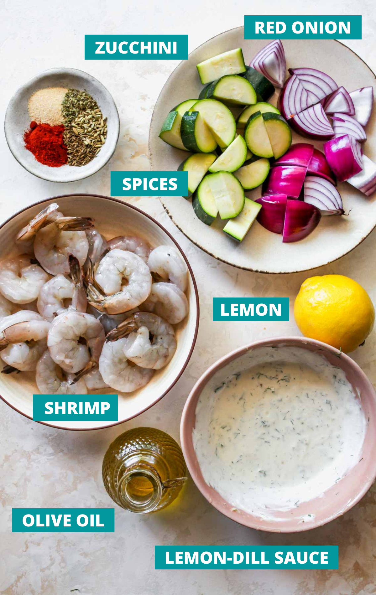 Recipe ingredients on a white board with blue labels