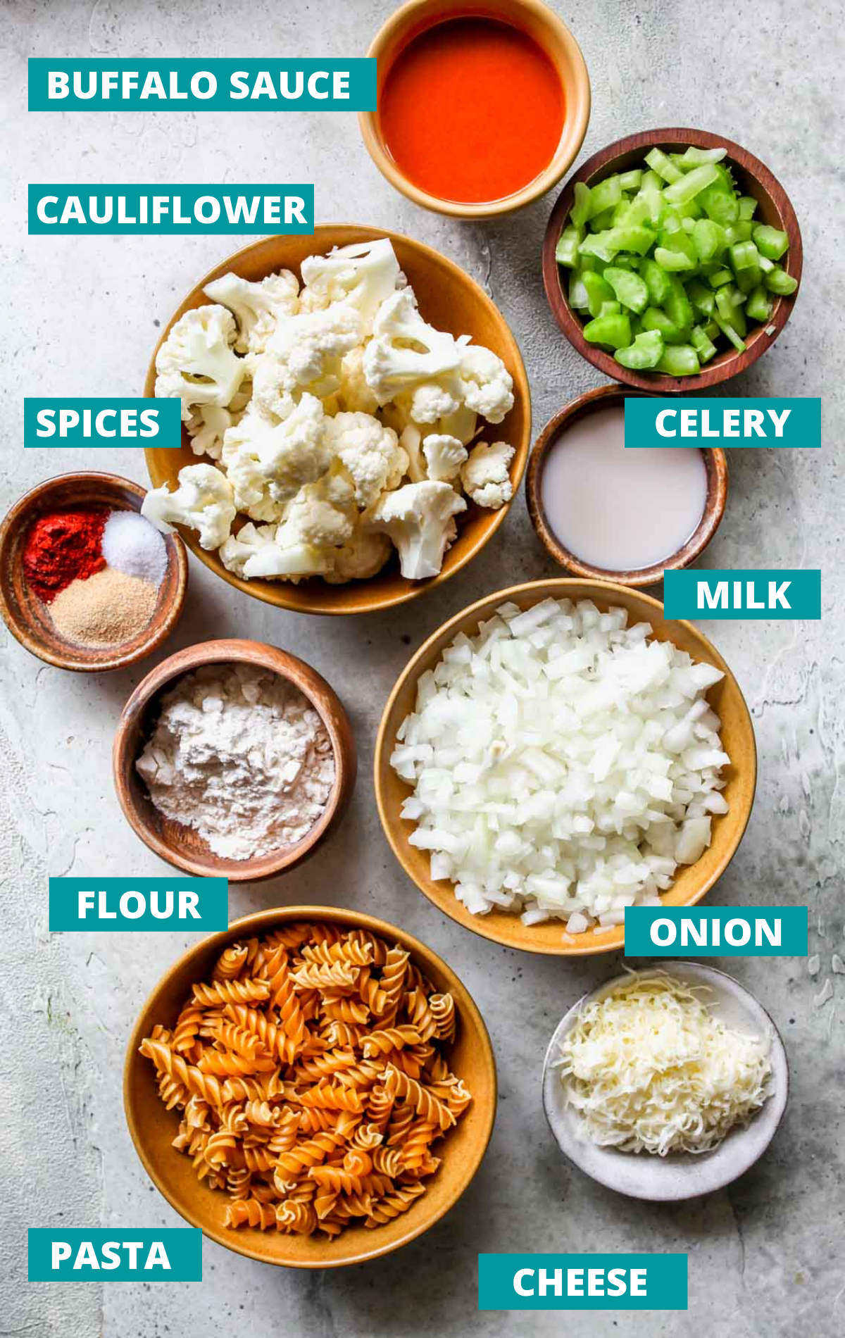 Recipe ingredients on a stone board with blue labels