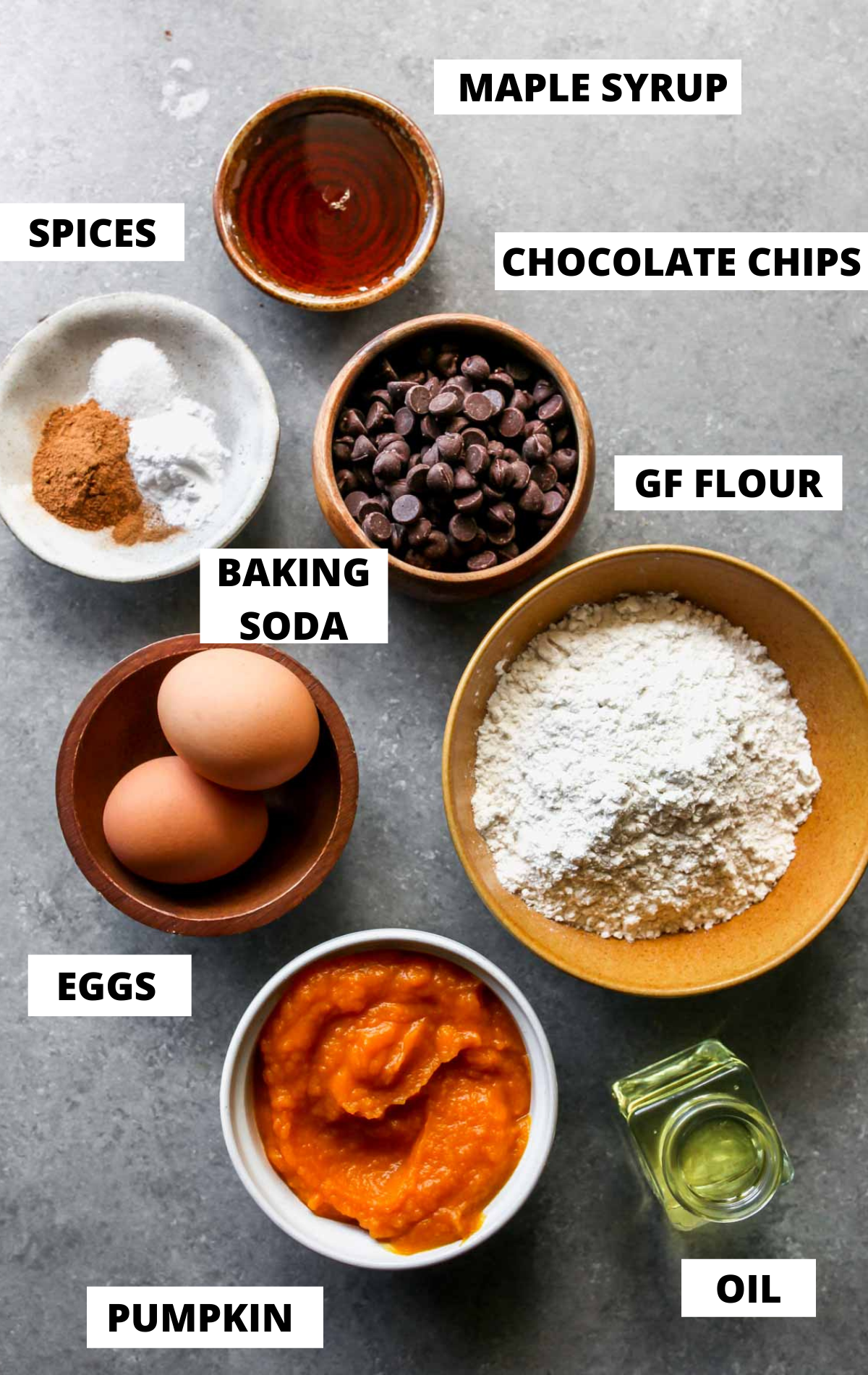 Recipe ingredients in separate bowls on a gray surface with white labels