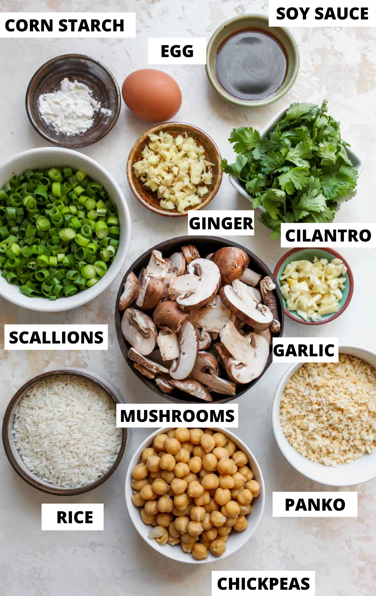 Recipe ingredients on a white board with white and black labels