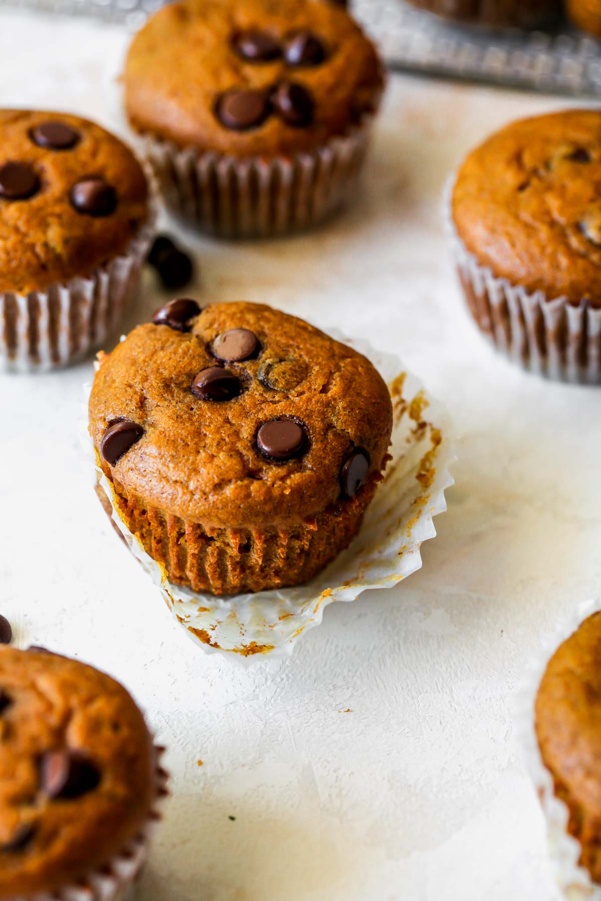 One pumpkin muffin being displayed on a white board