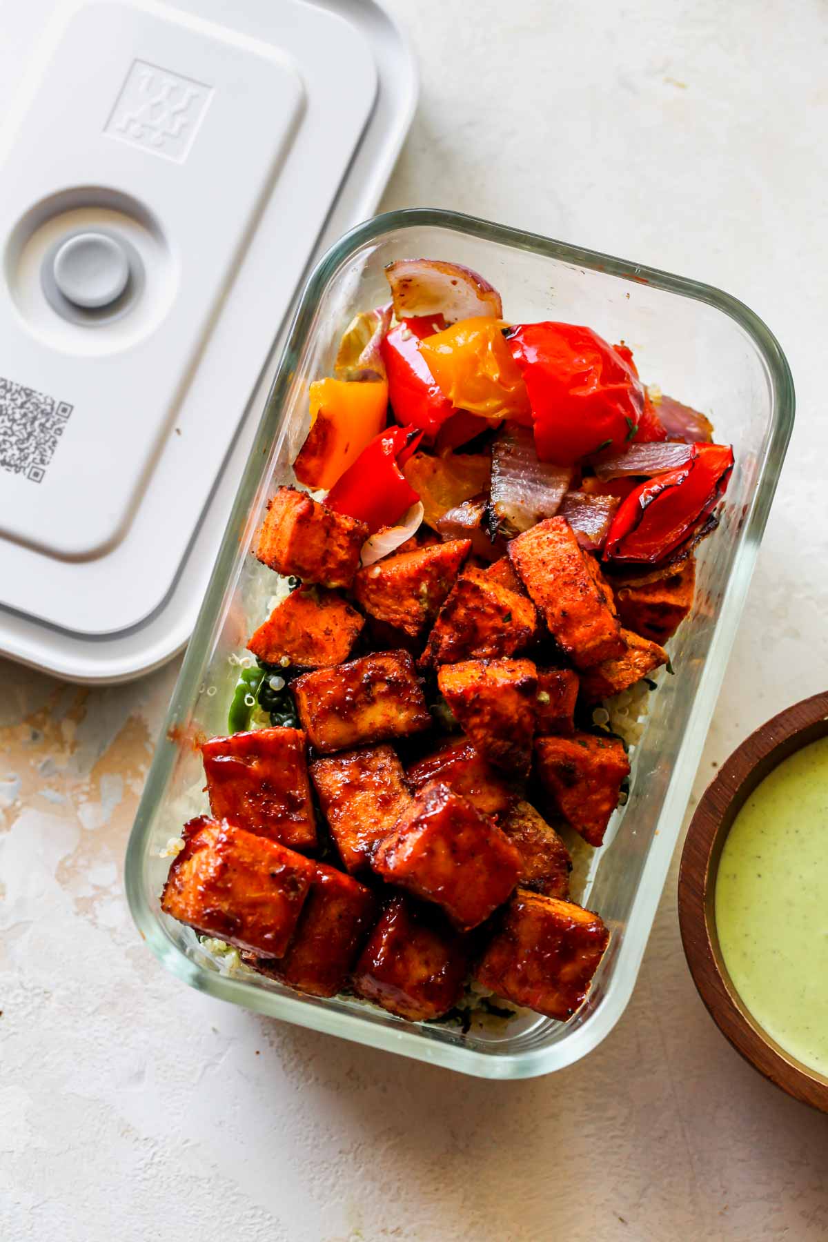 Zwilling container filled with components of tofu bowl