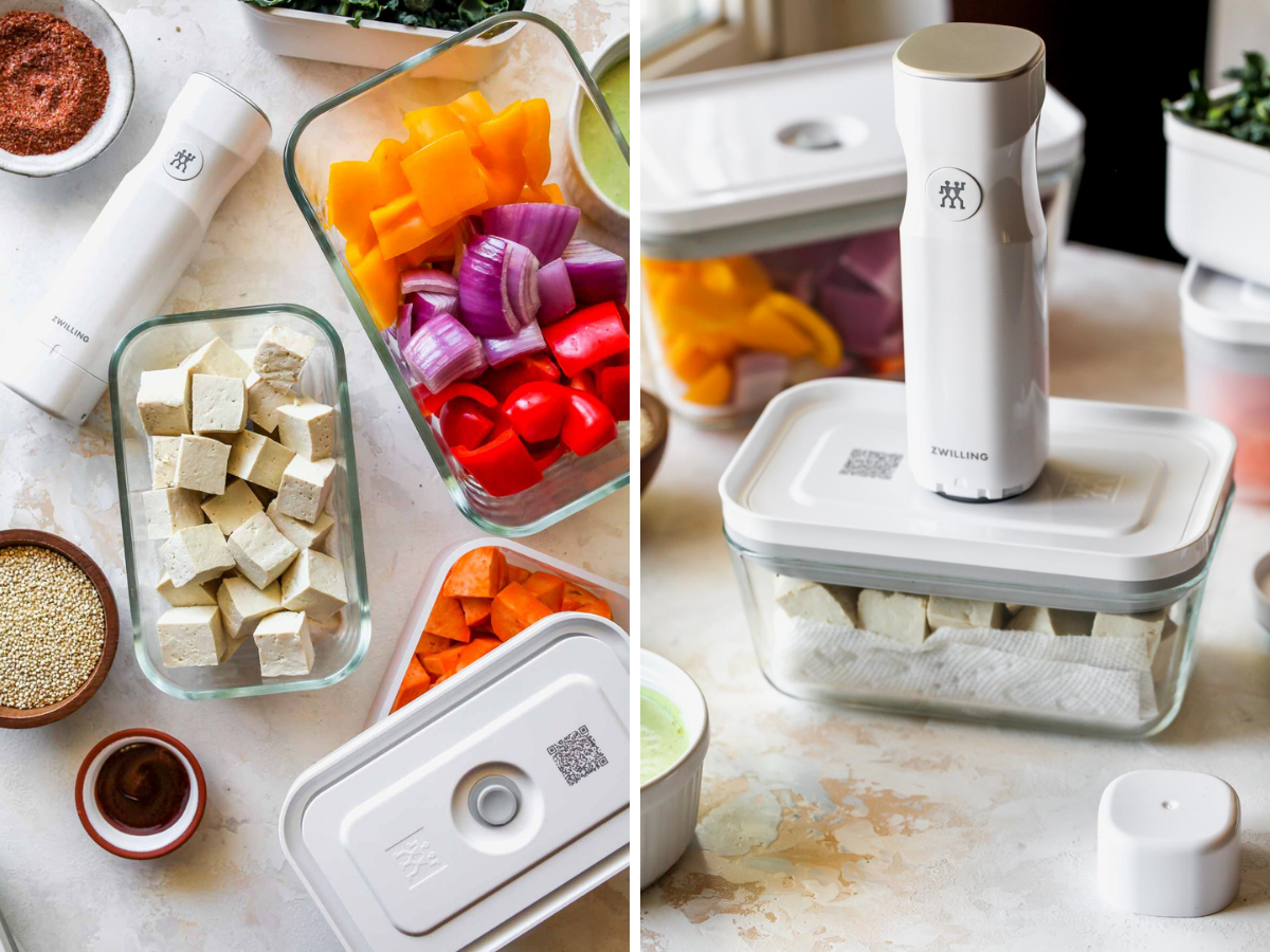 Zwilling food storage containers filled with meal prepped food
