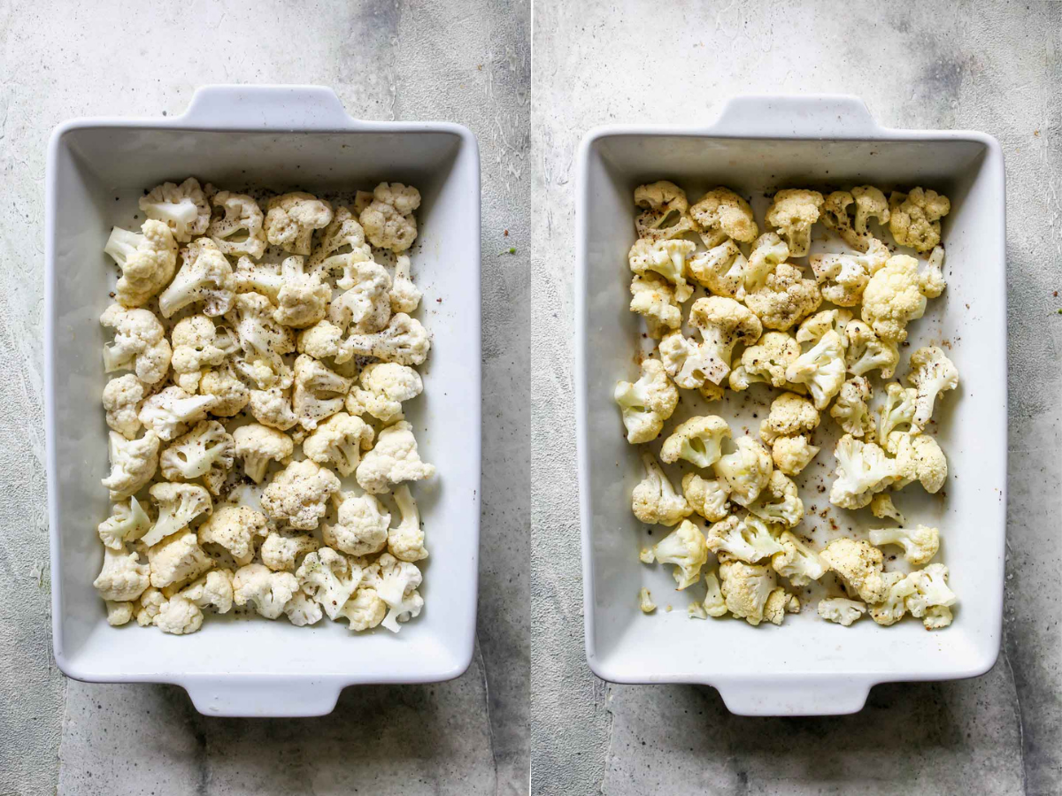 Cauliflower florets being roasted in a white pan