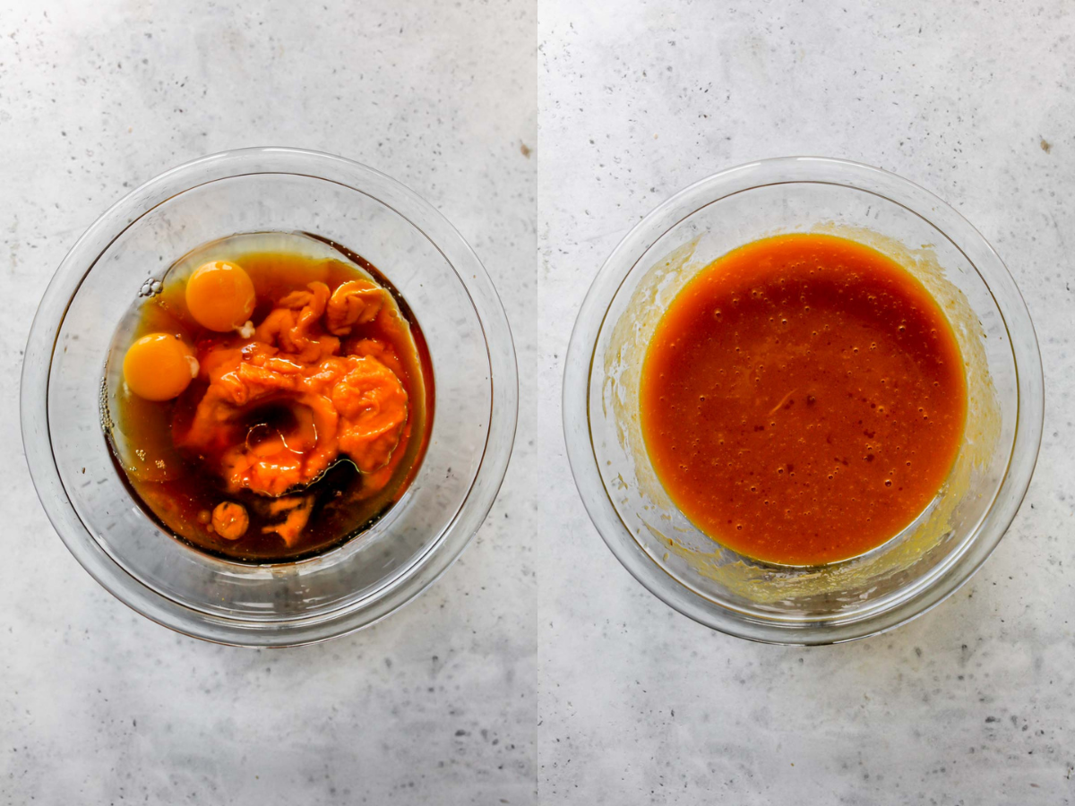Eggs, pumpkin puree, maple syrup, and oil being whisked in a bowl