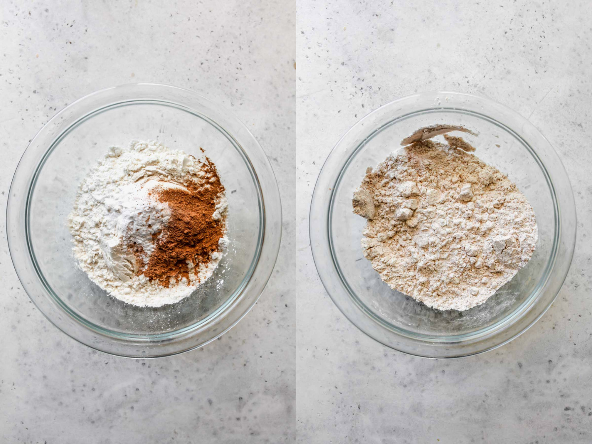 Flour, spices, and baking power being whisked in a bowl