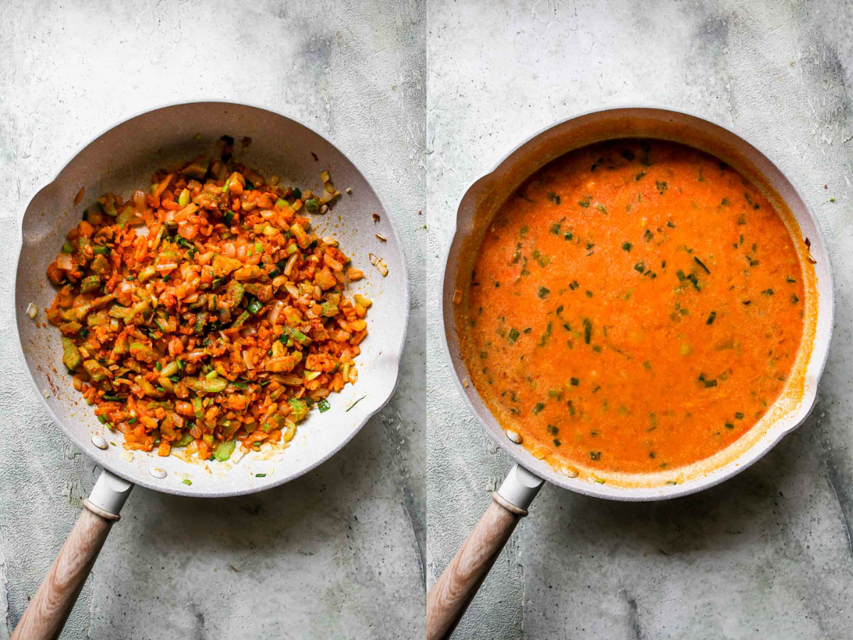 Flour, milk, and buffalo sauce being whisked in a pan