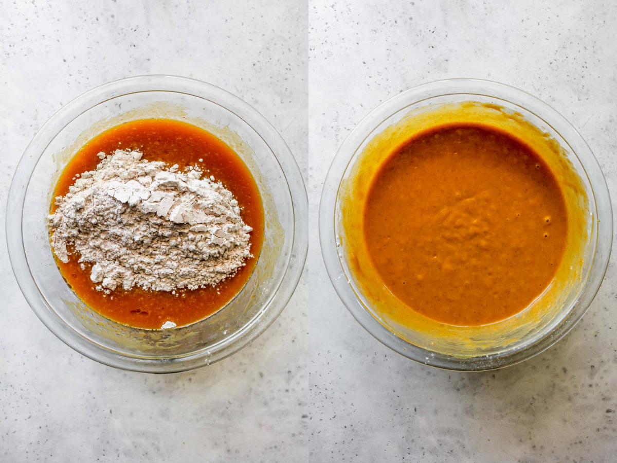 Dry ingredients being whisked into wet ingredients