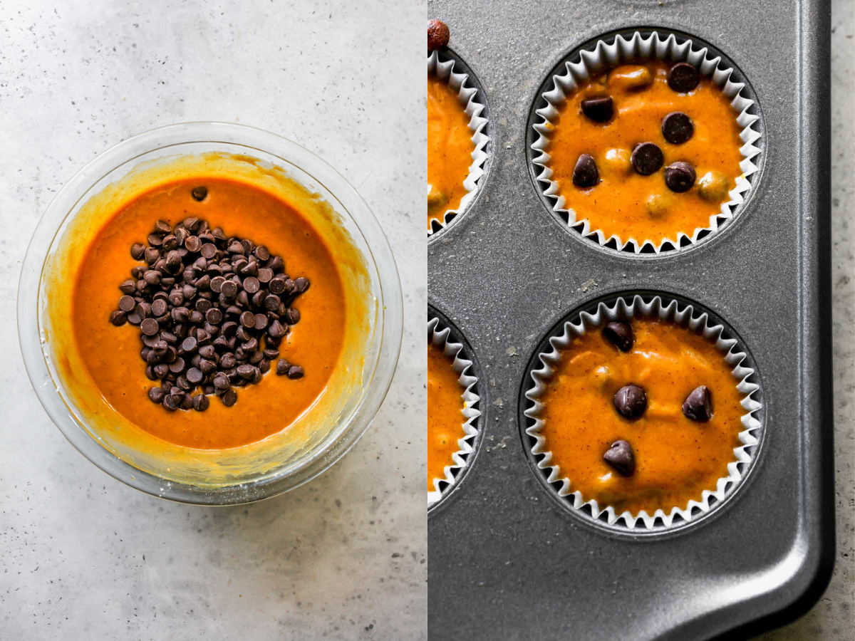 Muffin batter being poured into muffin tins