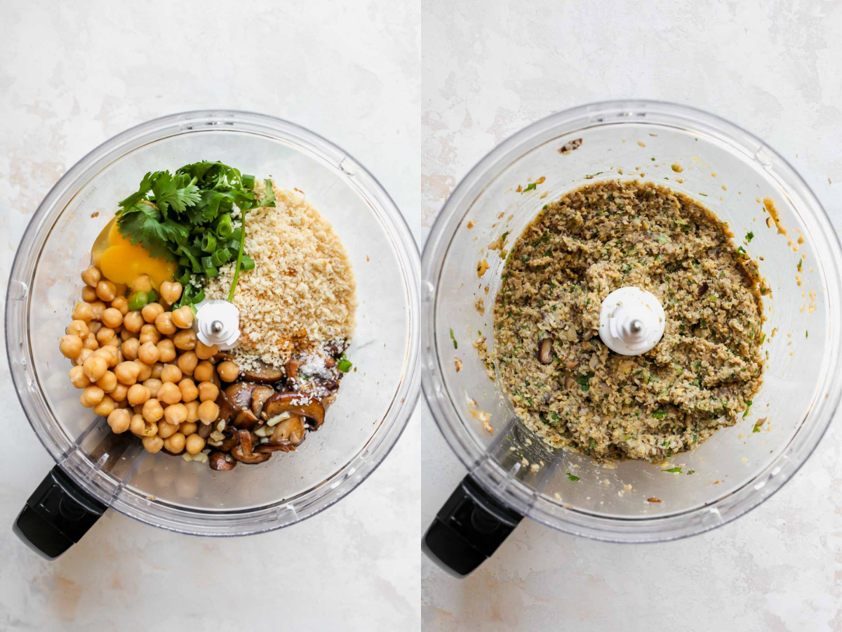Chickpeas, mushrooms, cilantro, and spices being mixed in a food processor