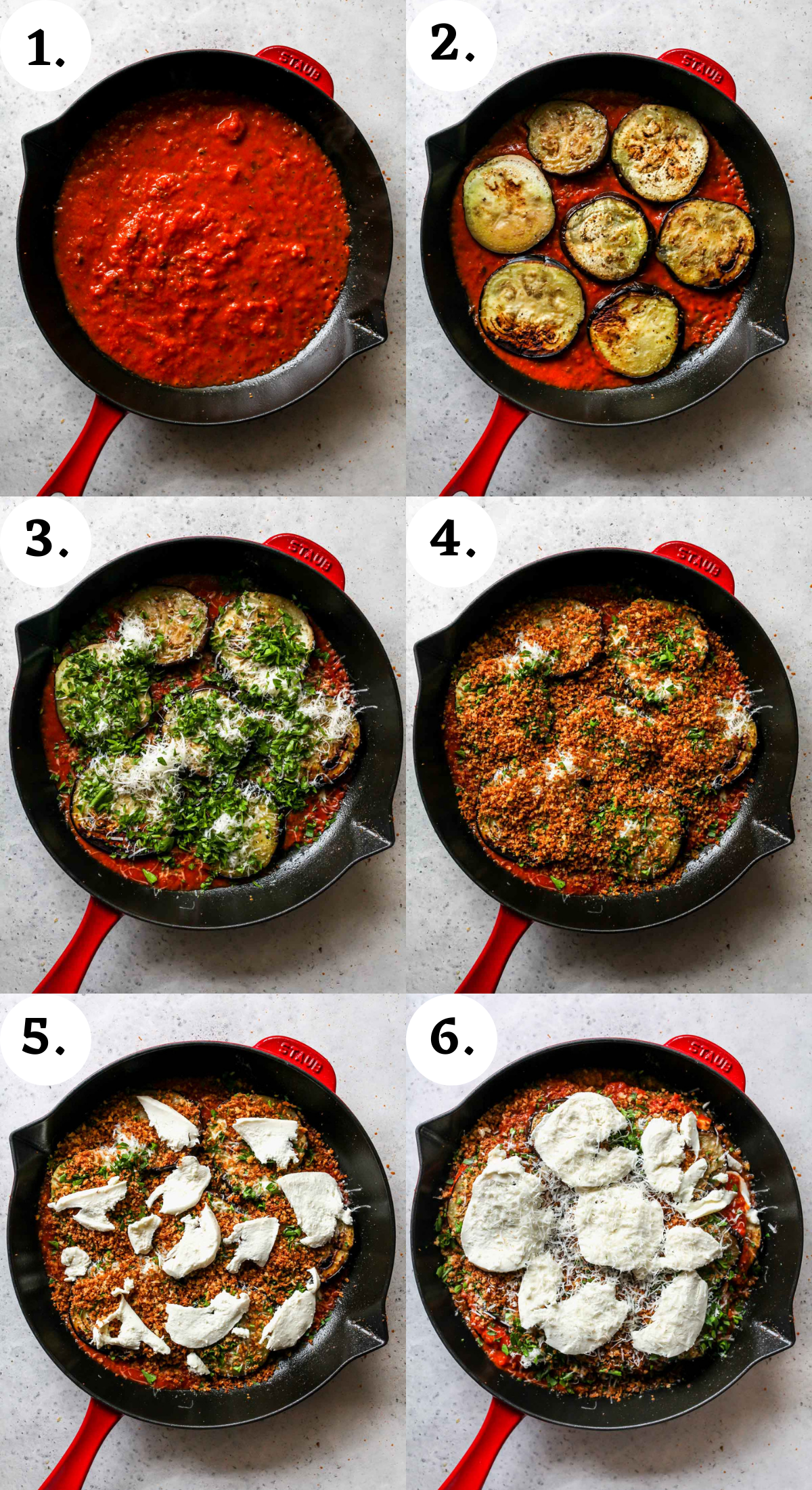 Step-by-Step grid showing how to assemble eggplant Parmesan