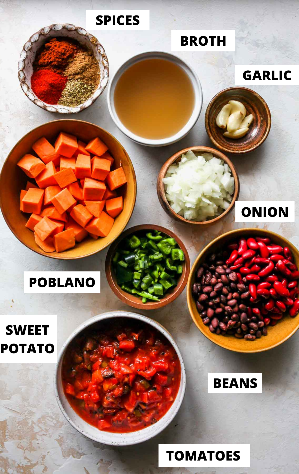 Recipe ingredients in separate bowls on a white board with labels