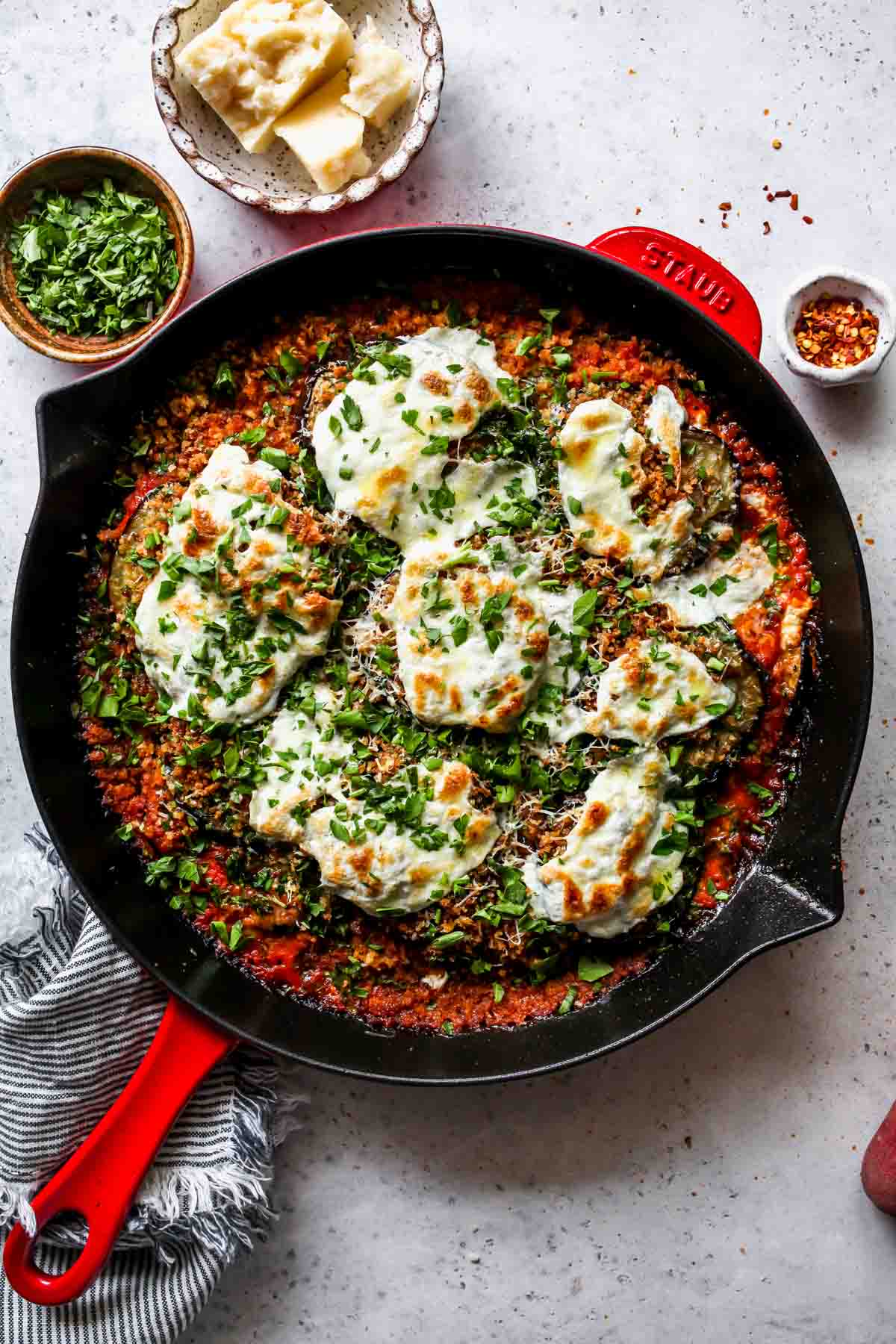 Skillet of eggplant Parmesan after baking