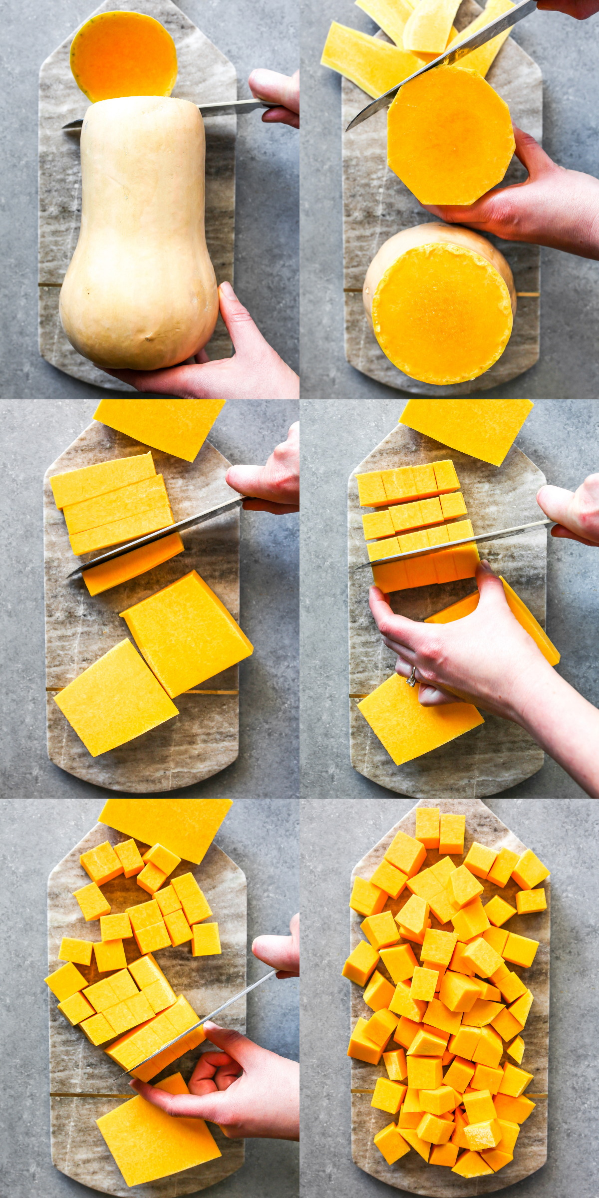 Step-by-step showing how to peel and slice a butternut squash