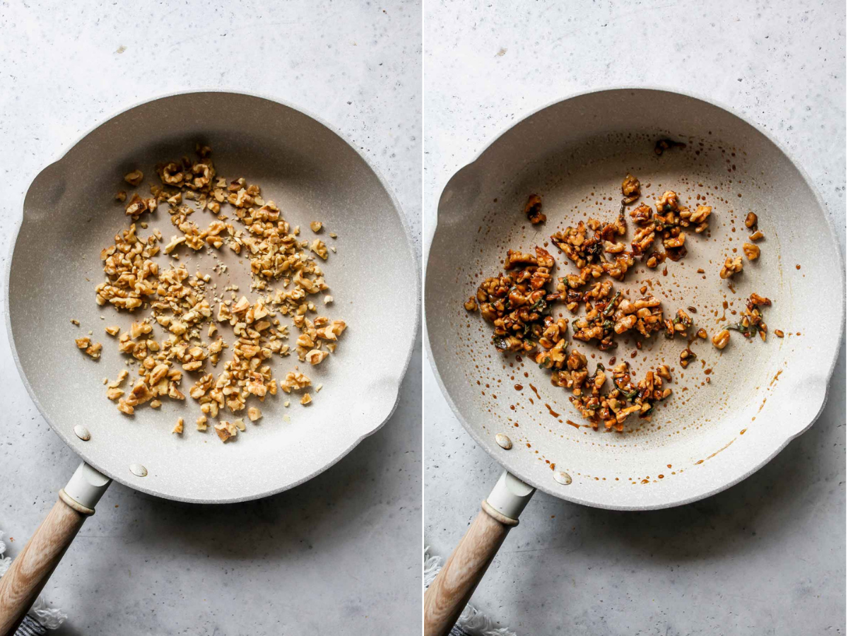 Candied walnuts being sautéed in a skillet