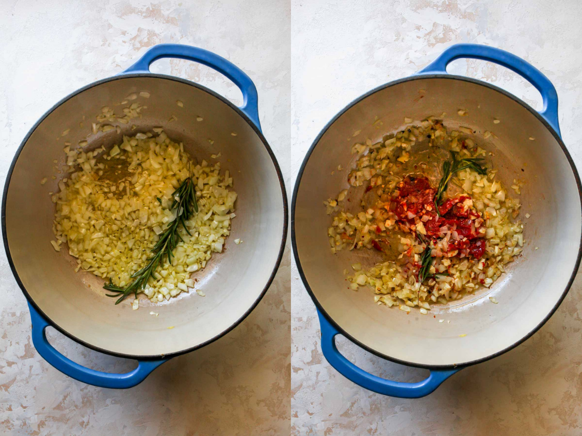 Onion, garlic, rosemary, and tomato paste sautéing in a blue Dutch oven.