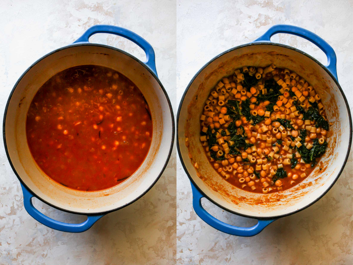 Broth and dry pasta being added to a pot of sautéed aromatics and chickpeas.