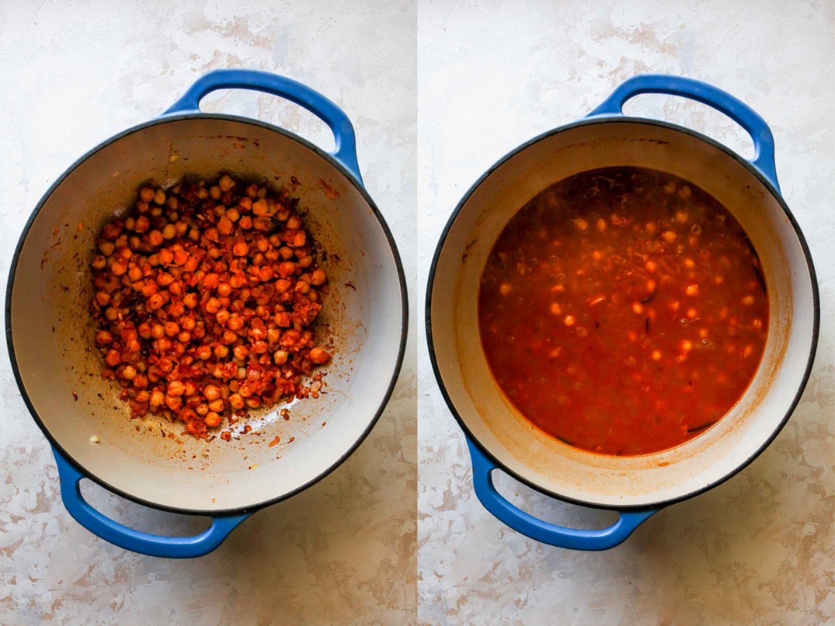 Chickpeas being mashed and cooked in a blue pot, and broth being added in.