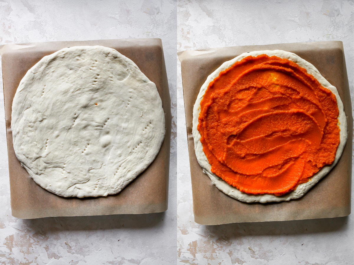 Pizza dough being rolled out and topped with pumpkin puree
