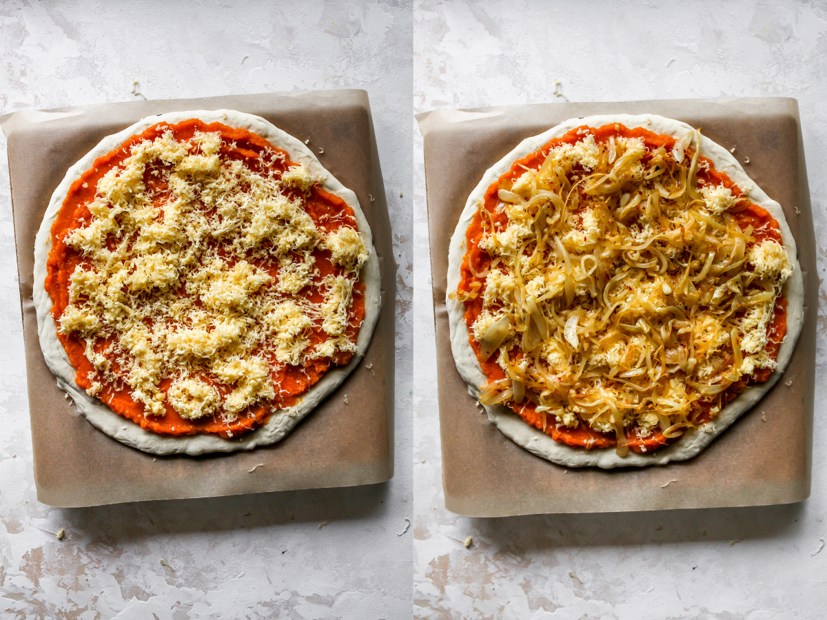 Caramelized onions and gouda cheese being added to dough
