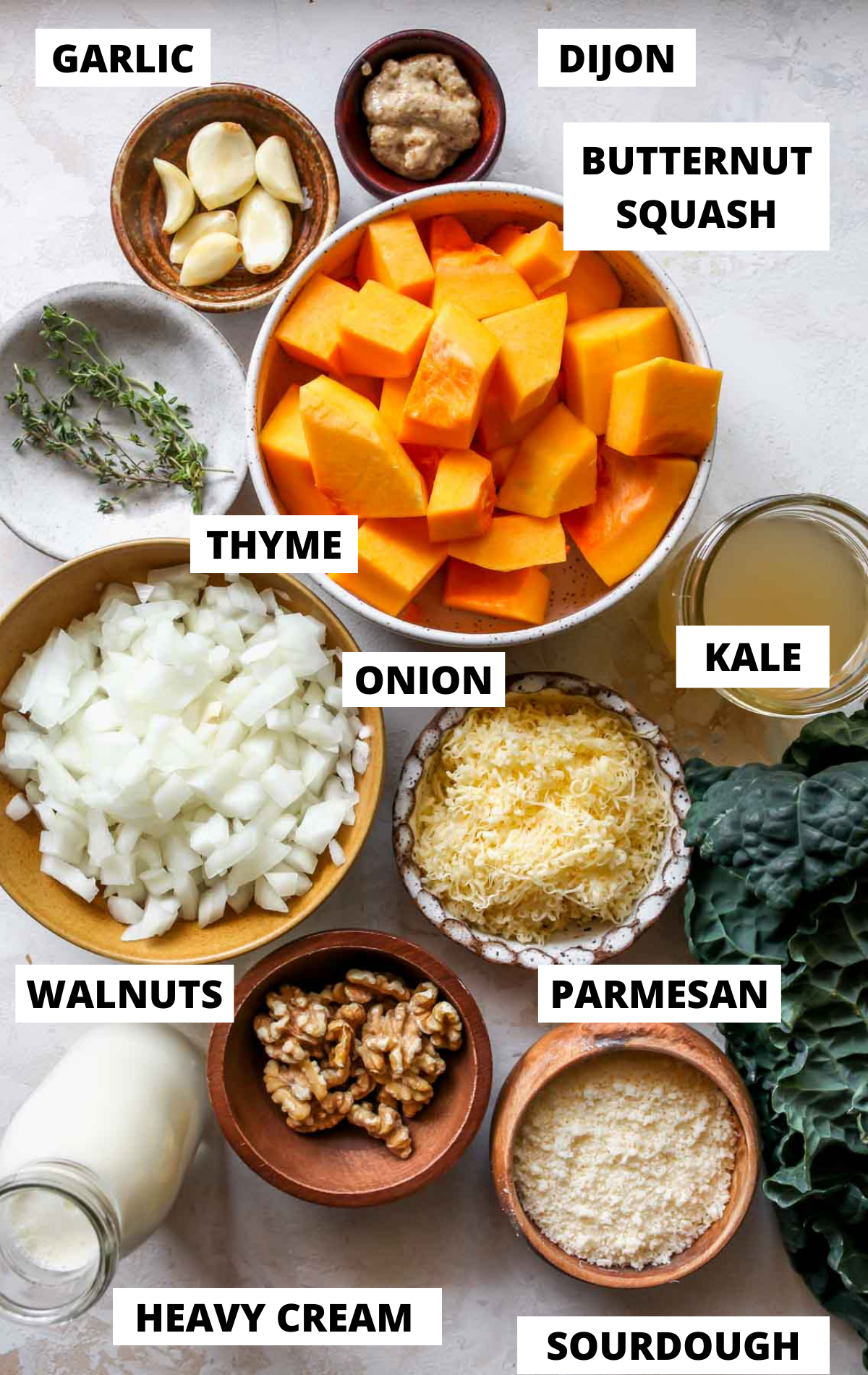 Recipe ingredients on separate bowls shown on a board with labels