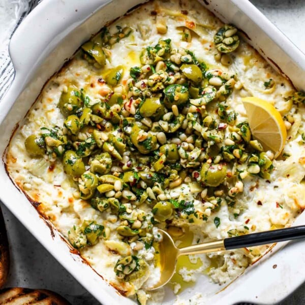 Baked Feta and Artichoke Dip with Olive Gremolata