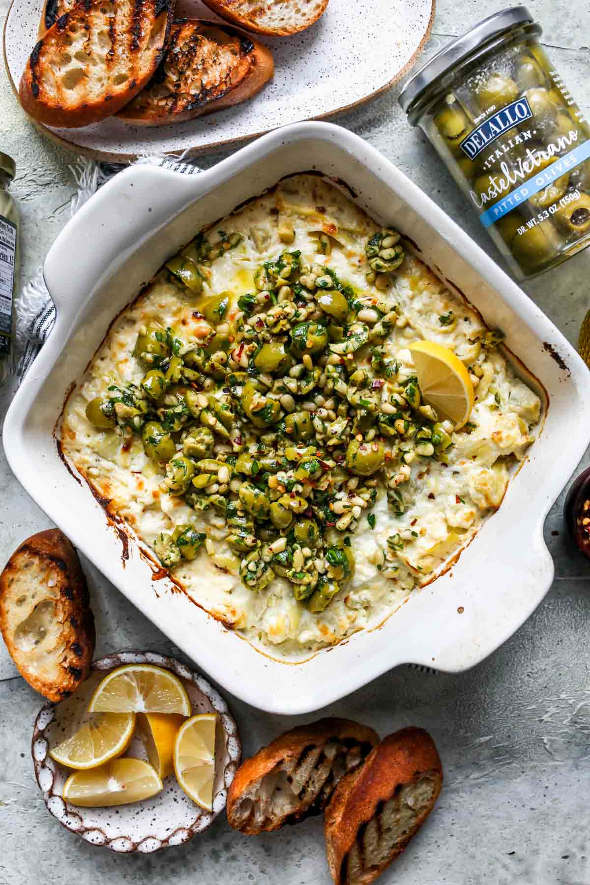 Feta dip with castelvetrano olives on the side