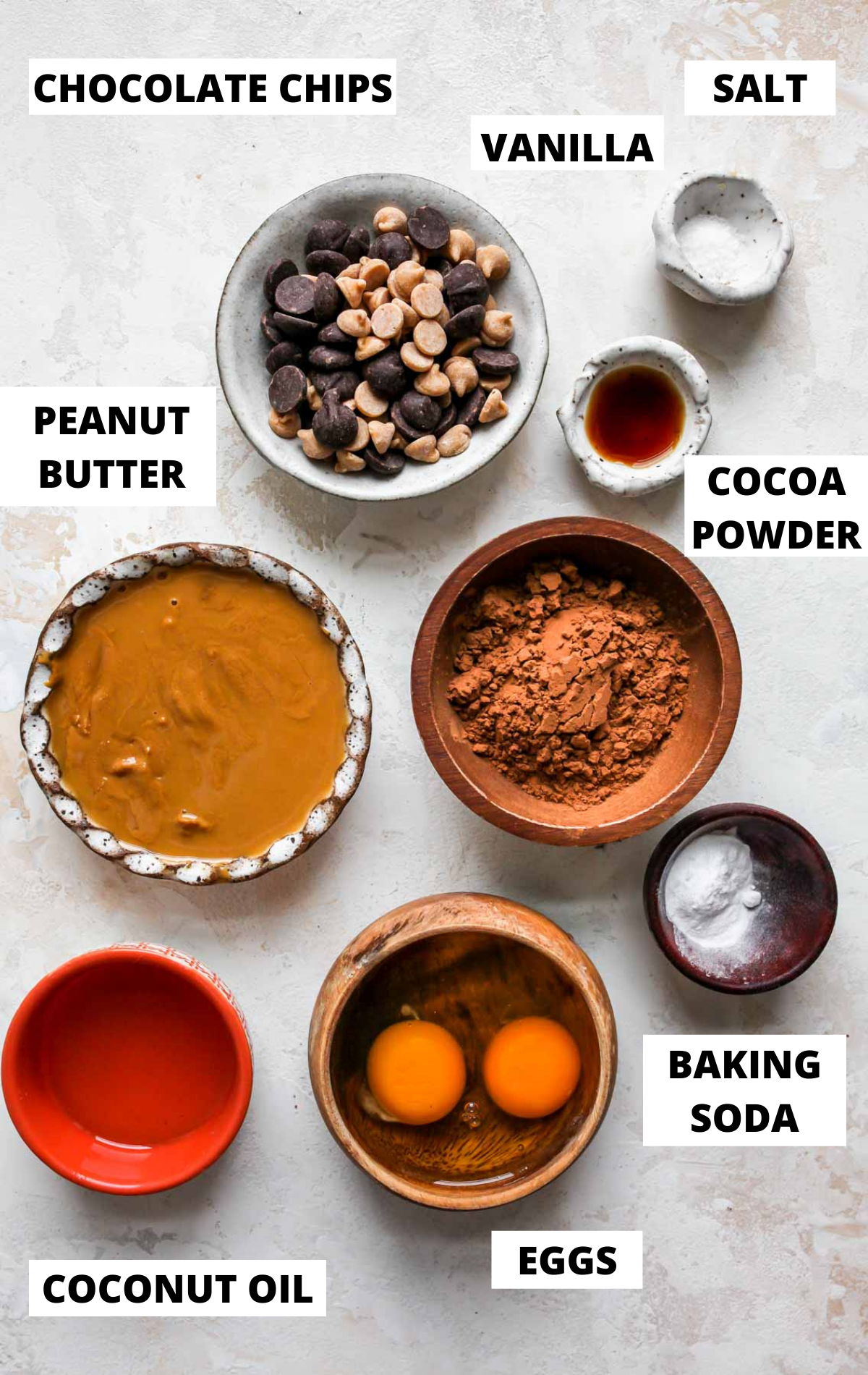 Recipe ingredients in separate bowls on a white board with labels