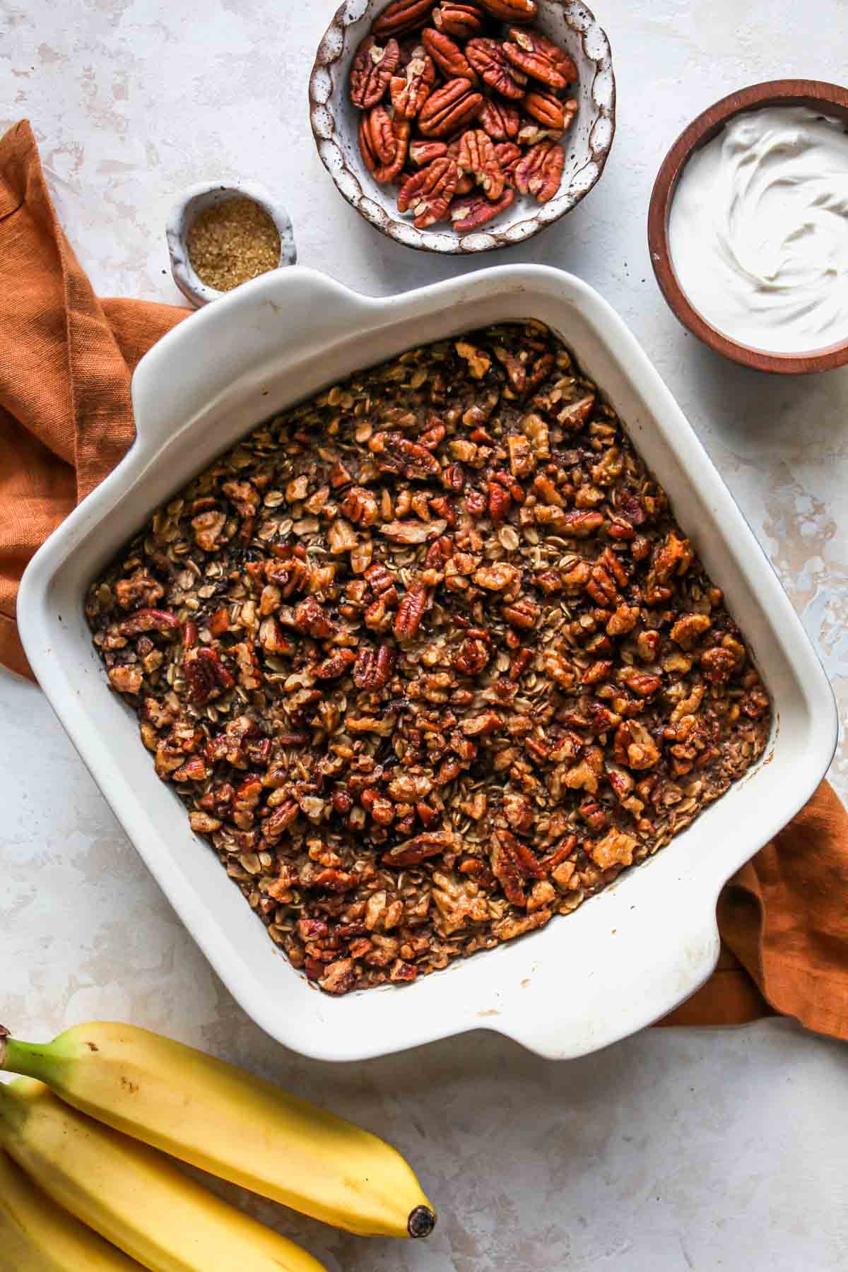 Chai baked oatmeal in a square baking pan