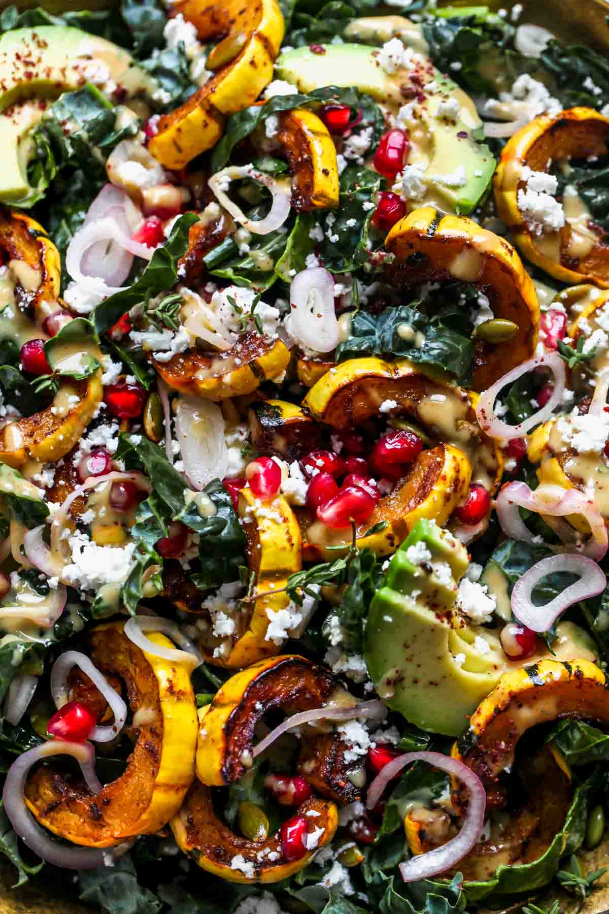 Delicata Squash Salad tossed with maple mustard dressing