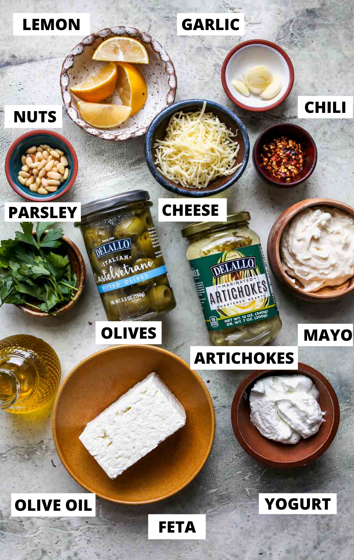 Recipe ingredients on separate bowls shown on a board with labels