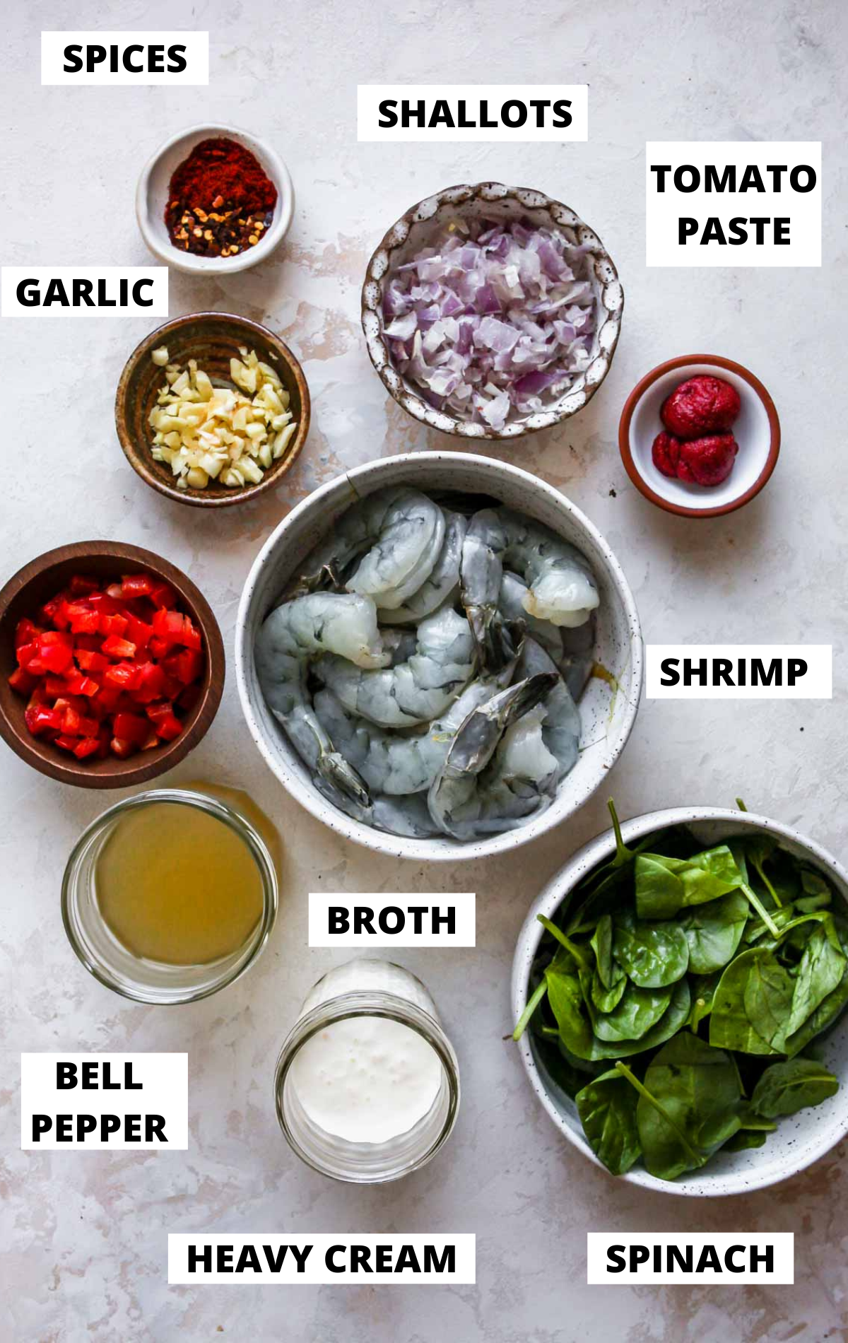Recipe ingredients in separate bowls on a white board with labels